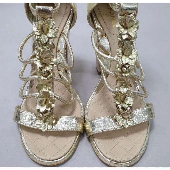 Chanel Gold Leather Camellia Ankle Strap Sandals - Size 40 - Picture 6 of 12